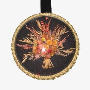 Vintage 1970's Belgium Domed Convex Glass Dried Floral Retro Boho Wall Hanging